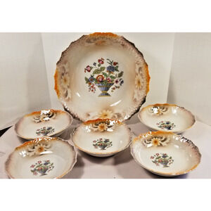 Antique Germany Berry Bowl Set - Porcelain Lusterware Flower Basket Design